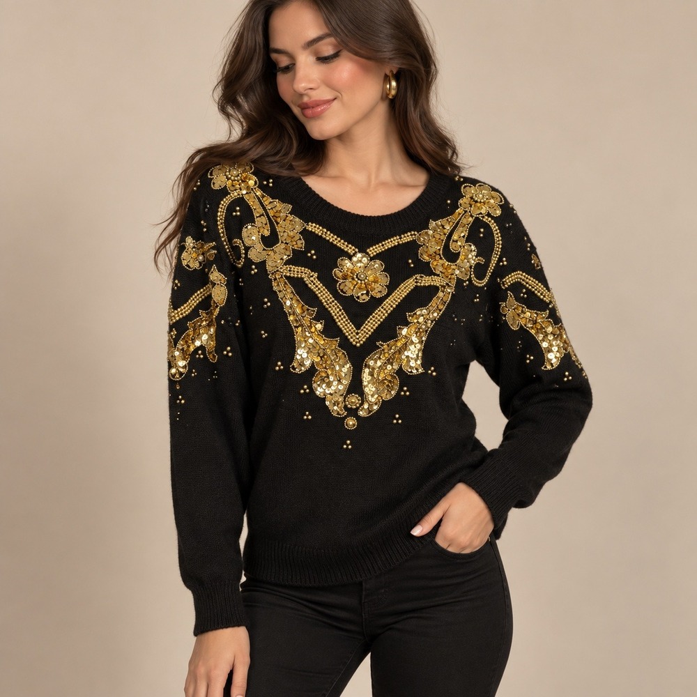 Dana Scott Holiday Sweater Women Medium Black Gold Beaded Sequin Vintage Glam